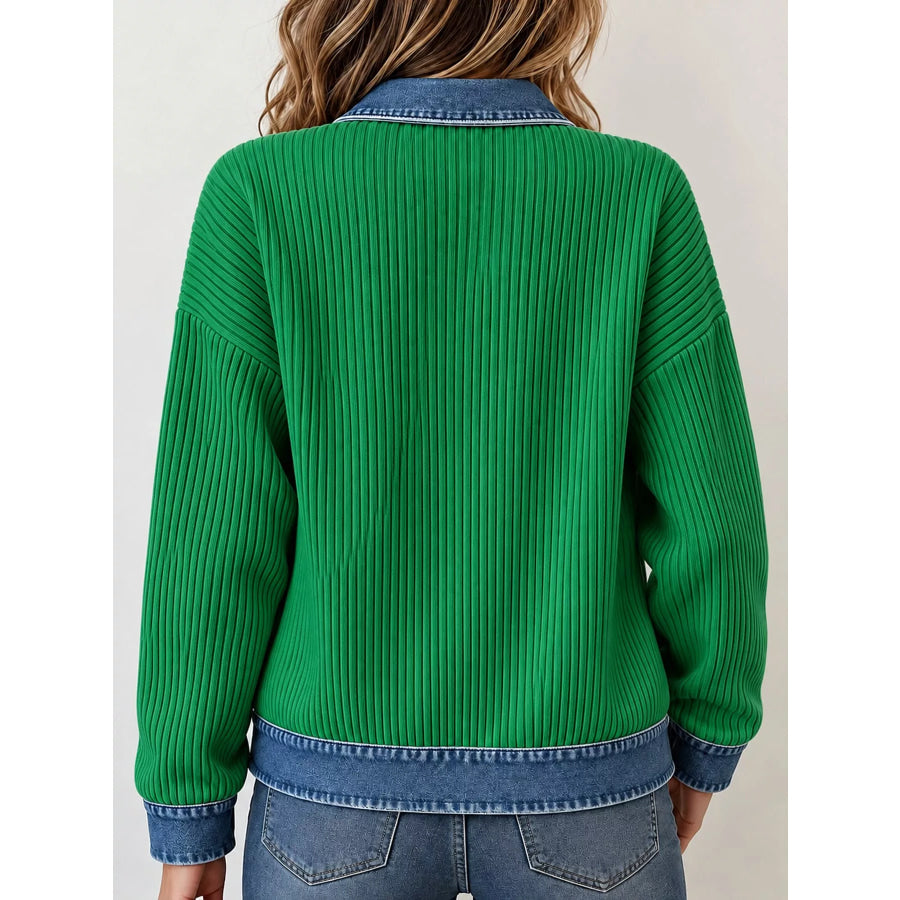 Full Size Denim-Collar Ribbed Knit Zip-Up Jacket Plus Apparel and Accessories
