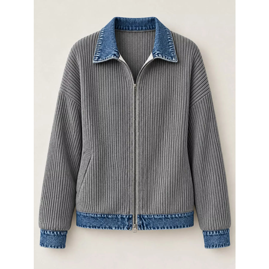 Full Size Denim-Collar Ribbed Knit Zip-Up Jacket Plus Apparel and Accessories