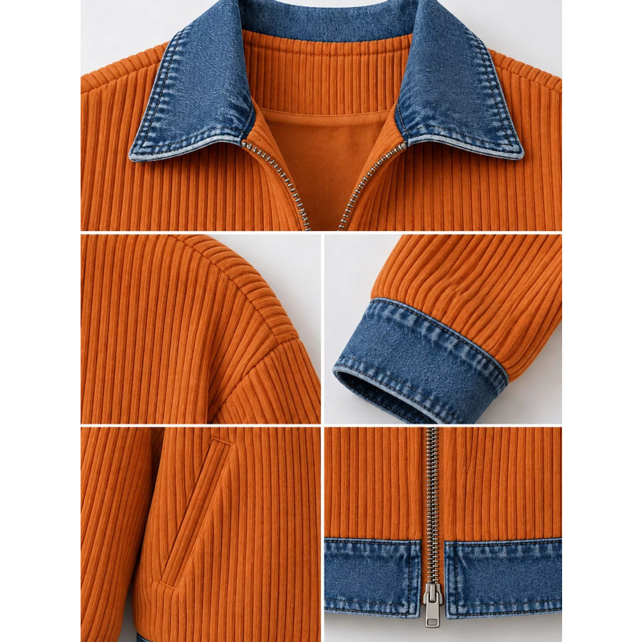 Full Size Denim-Collar Ribbed Knit Zip-Up Jacket Plus Apparel and Accessories