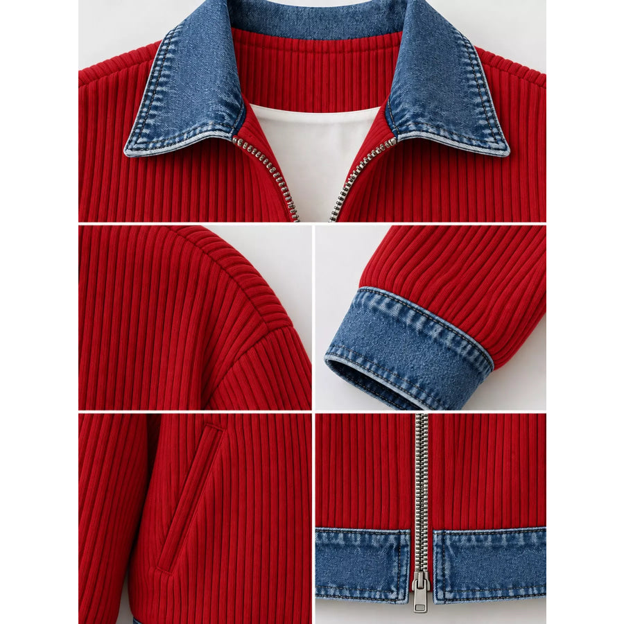 Full Size Denim-Collar Ribbed Knit Zip-Up Jacket Plus Apparel and Accessories