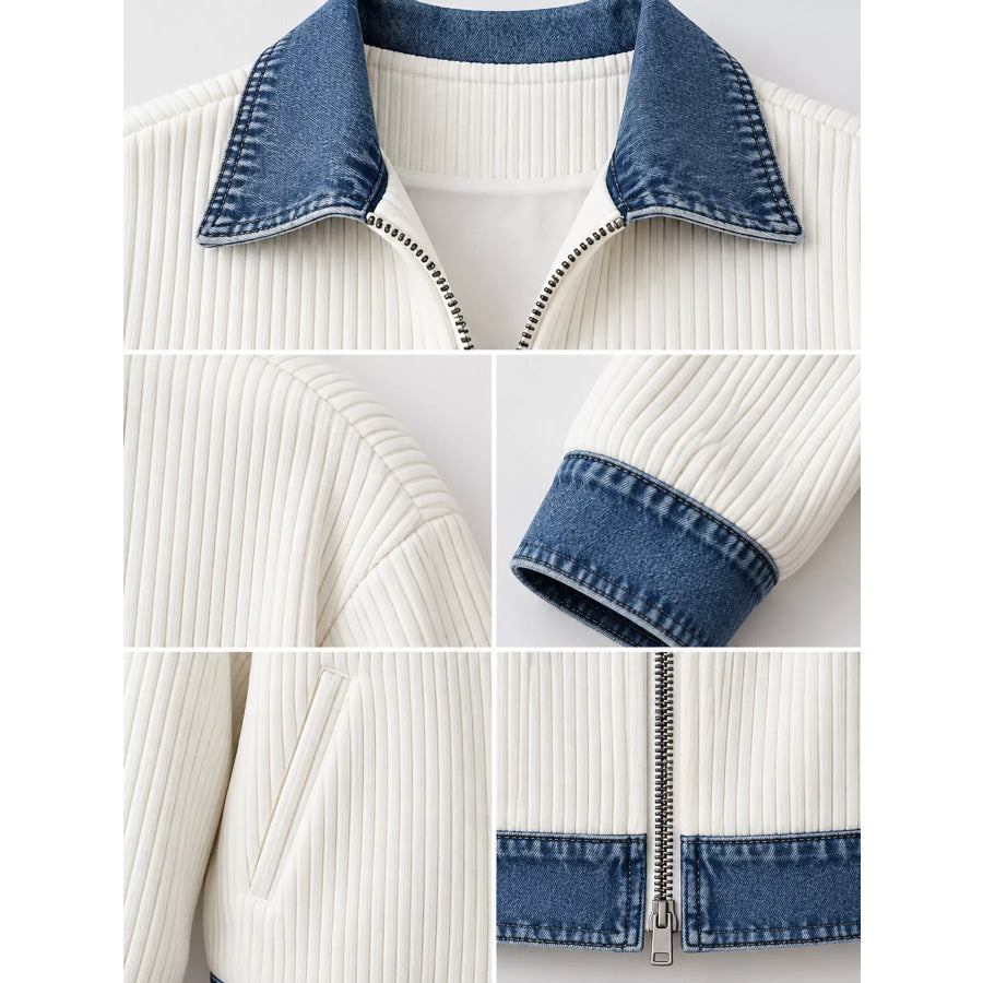 Full Size Denim-Collar Ribbed Knit Zip-Up Jacket Plus Apparel and Accessories