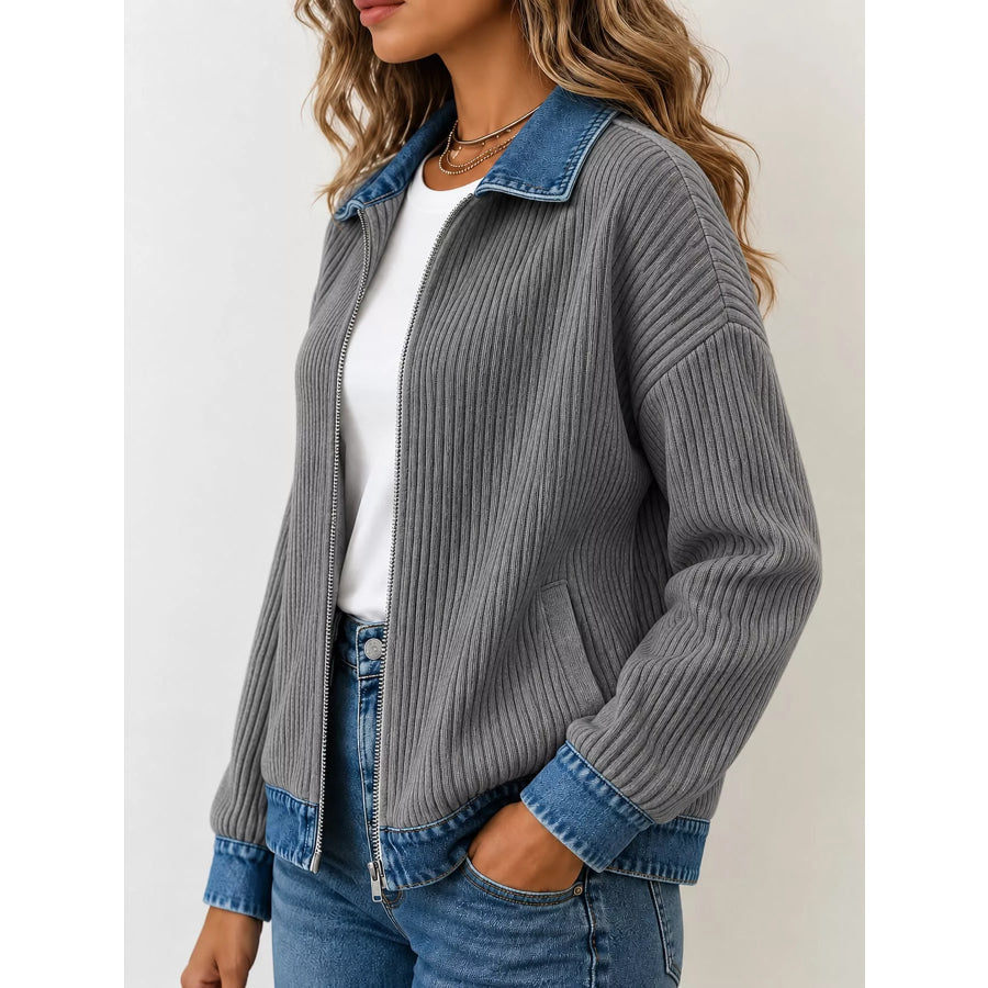 Full Size Denim-Collar Ribbed Knit Zip-Up Jacket Plus Apparel and Accessories