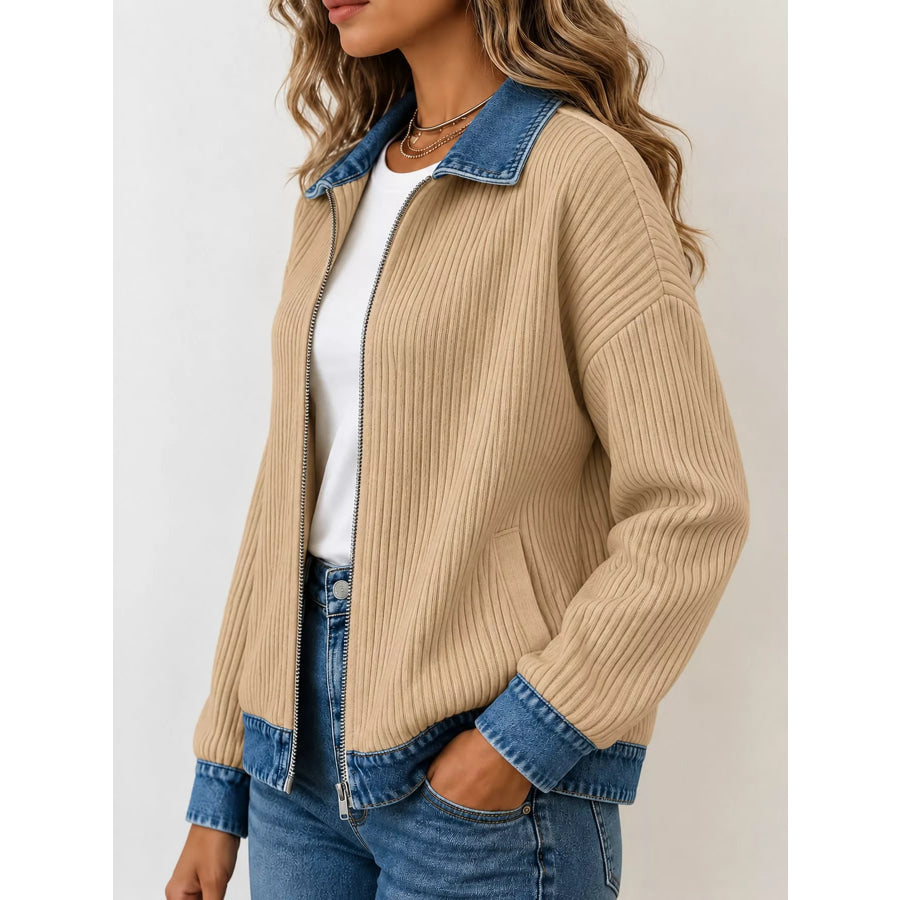 Full Size Denim-Collar Ribbed Knit Zip-Up Jacket Plus Apparel and Accessories