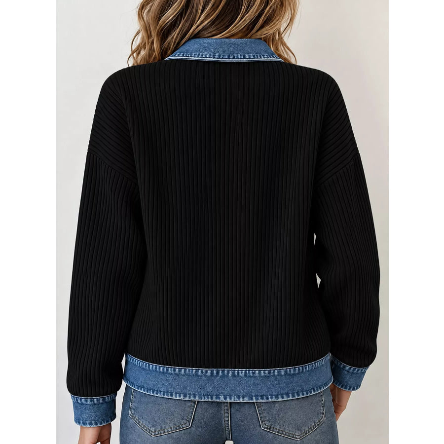 Full Size Denim-Collar Ribbed Knit Zip-Up Jacket Plus Apparel and Accessories