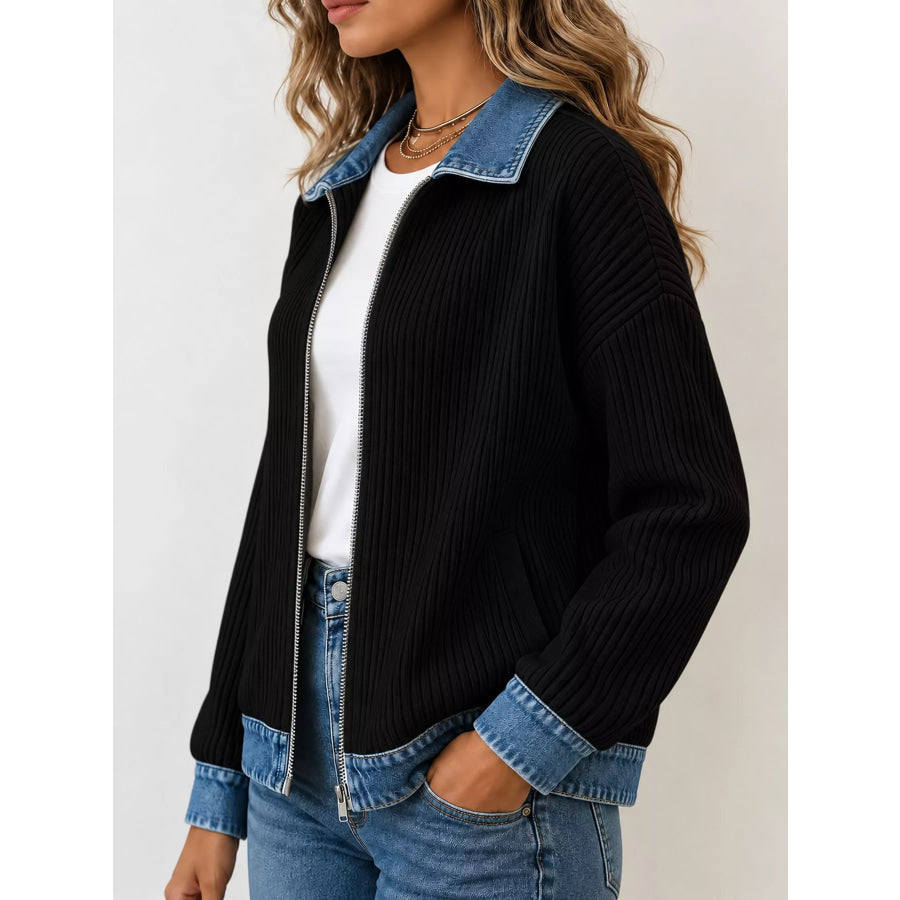 Full Size Denim-Collar Ribbed Knit Zip-Up Jacket Plus Apparel and Accessories