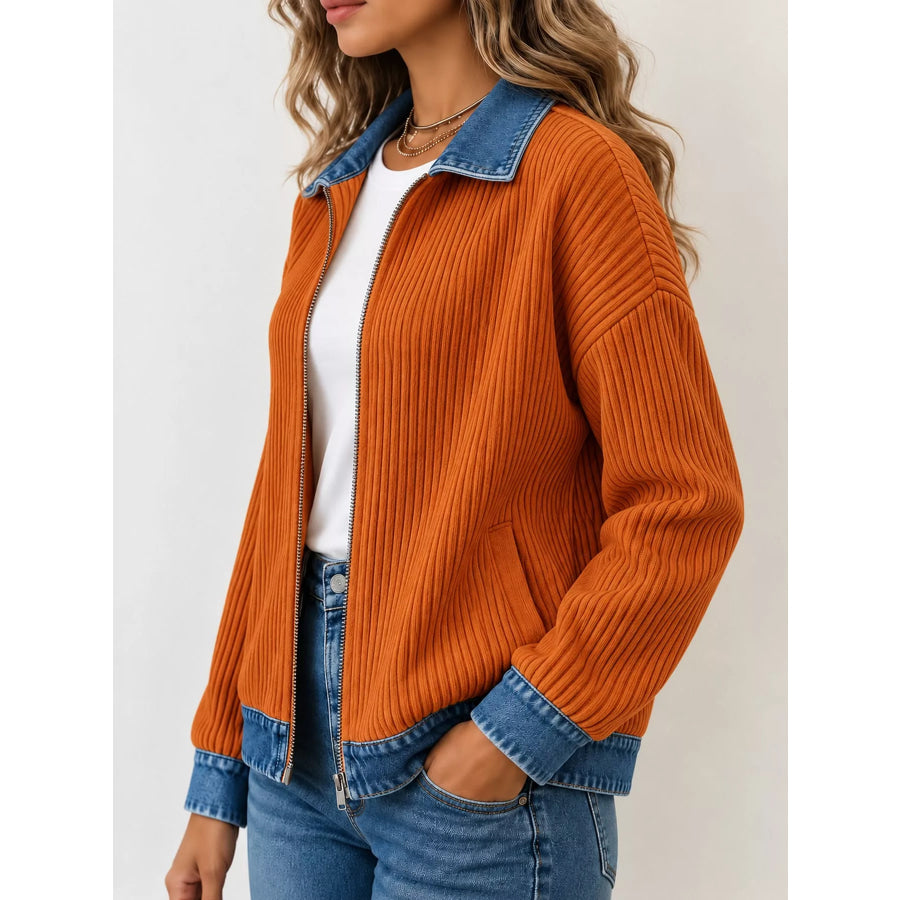 Full Size Denim-Collar Ribbed Knit Zip-Up Jacket Plus Apparel and Accessories
