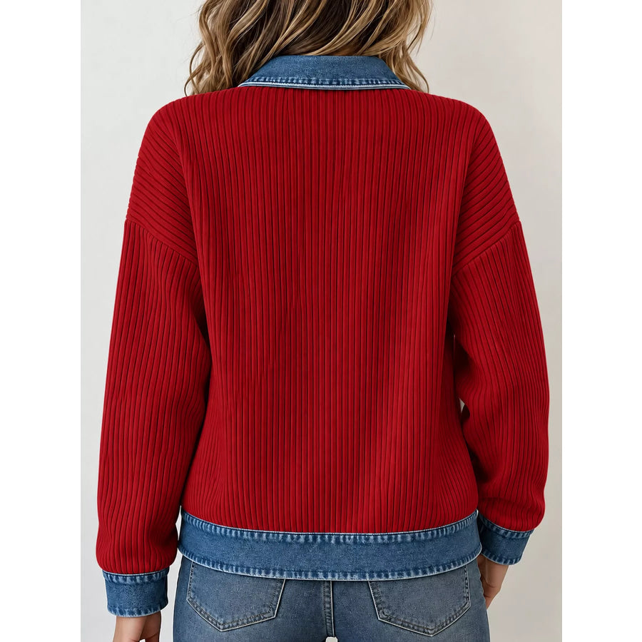 Full Size Denim-Collar Ribbed Knit Zip-Up Jacket Plus Apparel and Accessories