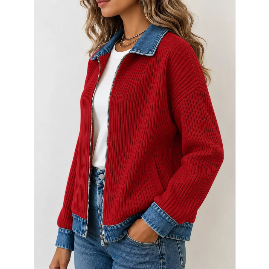 Full Size Denim-Collar Ribbed Knit Zip-Up Jacket Plus Apparel and Accessories