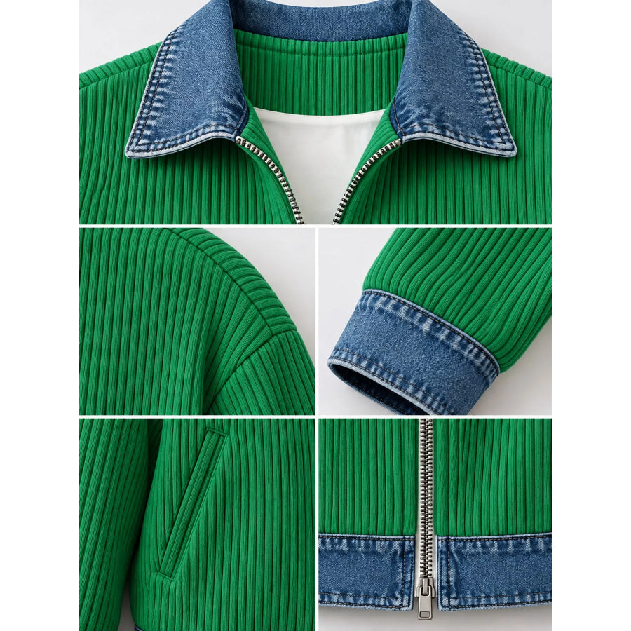 Full Size Denim-Collar Ribbed Knit Zip-Up Jacket Plus Apparel and Accessories
