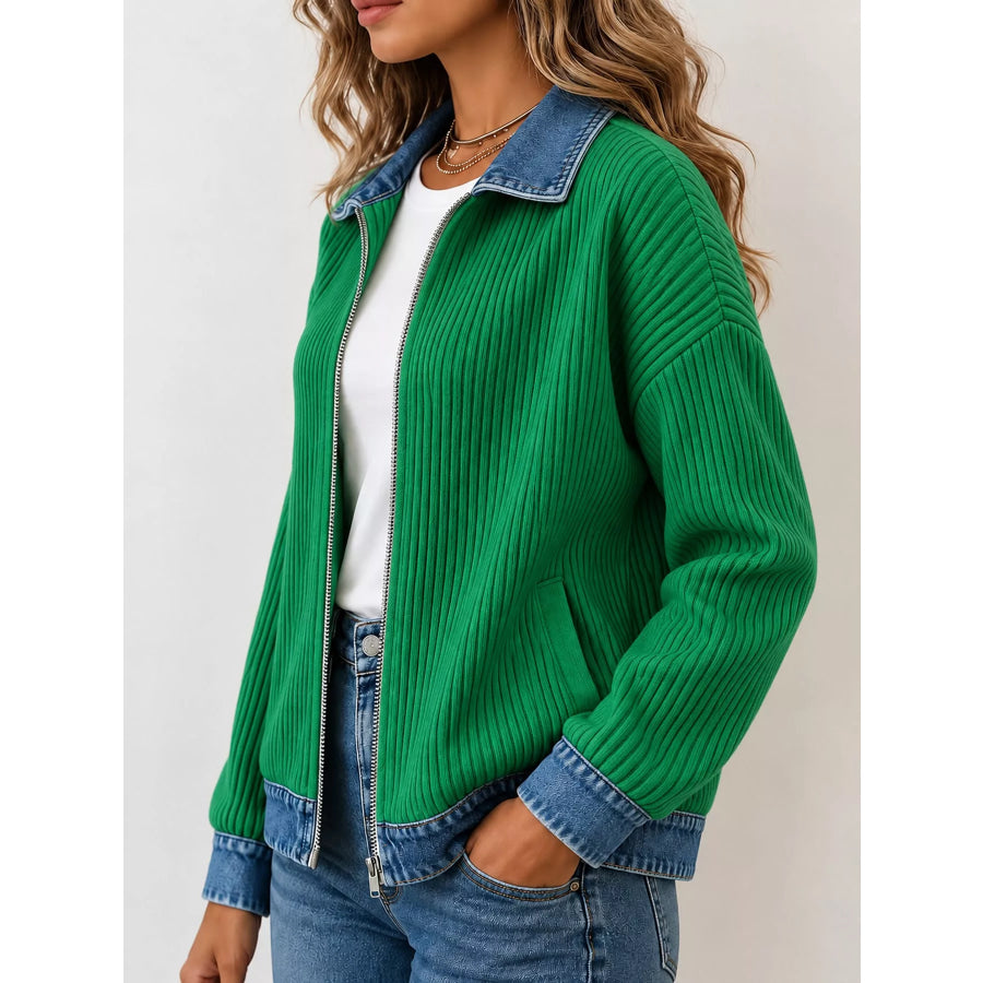 Full Size Denim-Collar Ribbed Knit Zip-Up Jacket Plus Apparel and Accessories