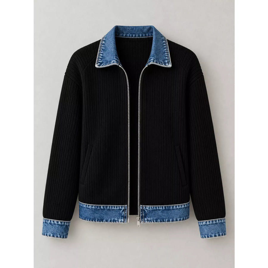 Full Size Denim-Collar Ribbed Knit Zip-Up Jacket Plus Apparel and Accessories