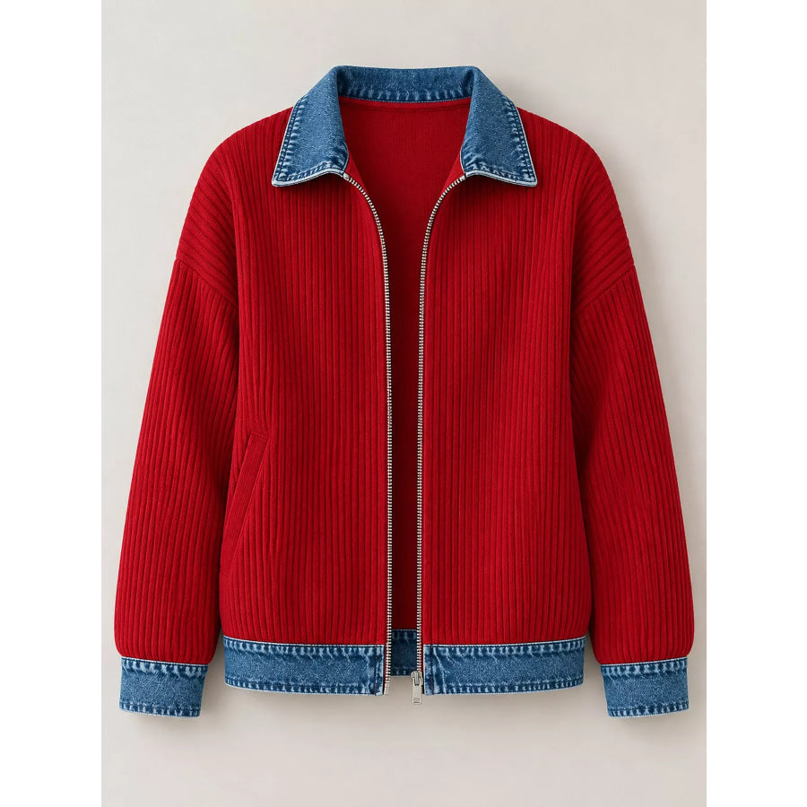 Full Size Denim-Collar Ribbed Knit Zip-Up Jacket Plus Apparel and Accessories