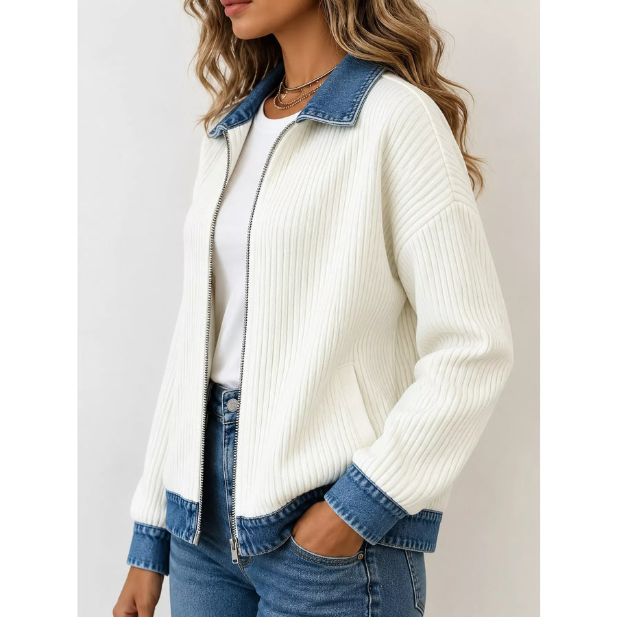 Full Size Denim-Collar Ribbed Knit Zip-Up Jacket Plus Apparel and Accessories