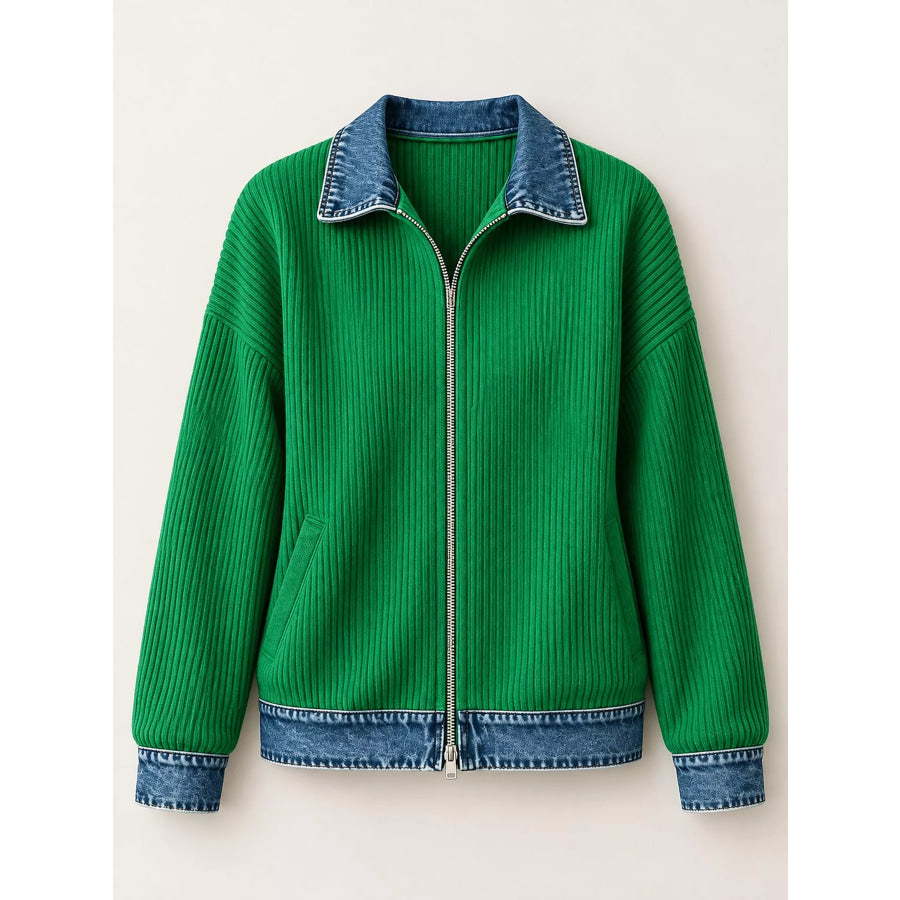 Full Size Denim-Collar Ribbed Knit Zip-Up Jacket Plus Apparel and Accessories