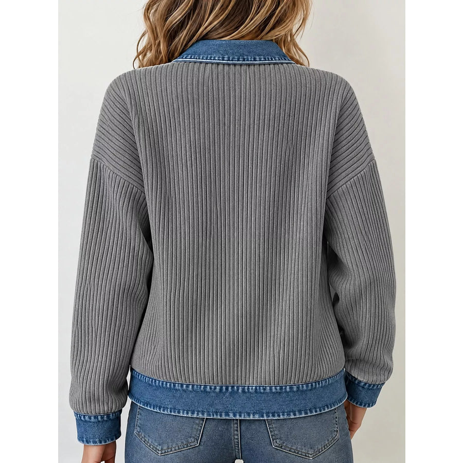 Full Size Denim-Collar Ribbed Knit Zip-Up Jacket Plus Apparel and Accessories