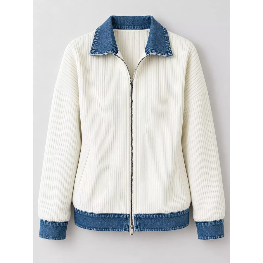 Full Size Denim-Collar Ribbed Knit Zip-Up Jacket Plus Apparel and Accessories