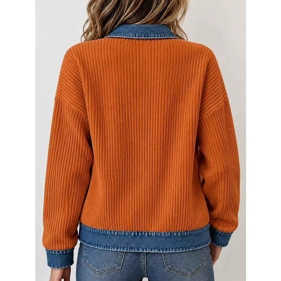 Full Size Denim-Collar Ribbed Knit Zip-Up Jacket Plus Apparel and Accessories