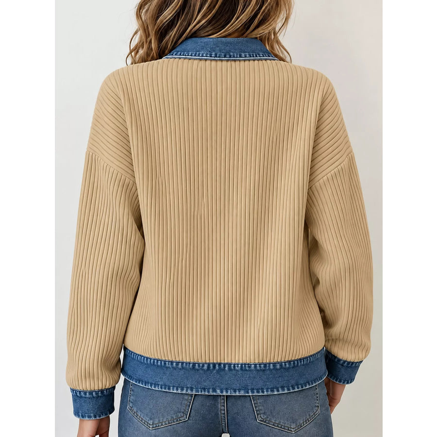 Full Size Denim-Collar Ribbed Knit Zip-Up Jacket Plus Apparel and Accessories