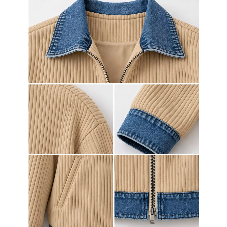 Full Size Denim-Collar Ribbed Knit Zip-Up Jacket Plus Apparel and Accessories