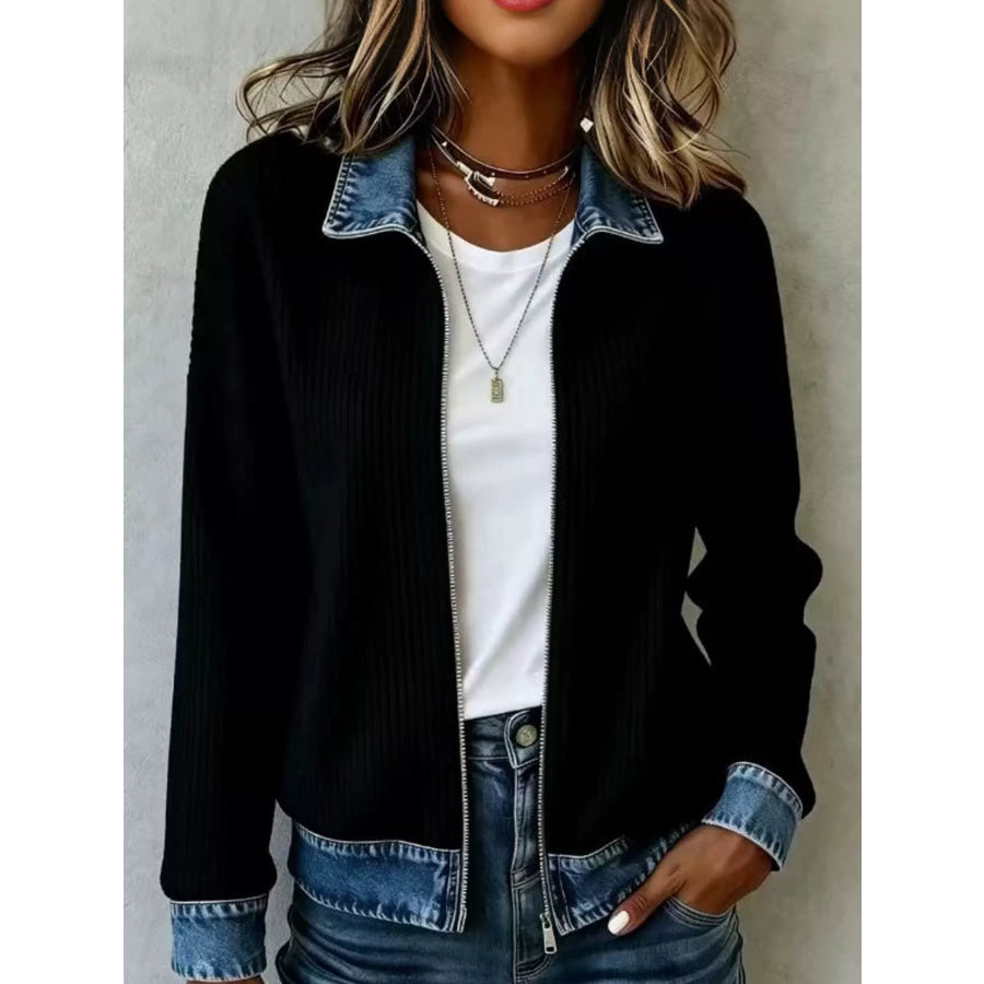Full Size Denim-Collar Ribbed Knit Zip-Up Jacket Plus Black / S Apparel and Accessories