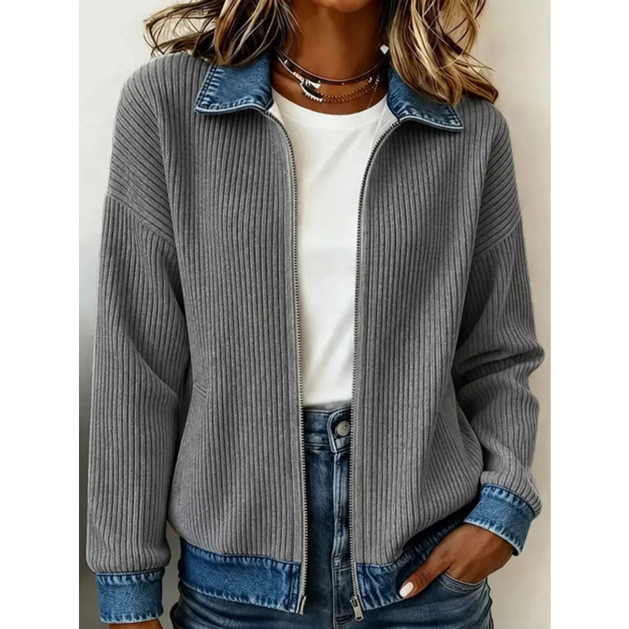 Full Size Denim-Collar Ribbed Knit Zip-Up Jacket Plus Gray / S Apparel and Accessories