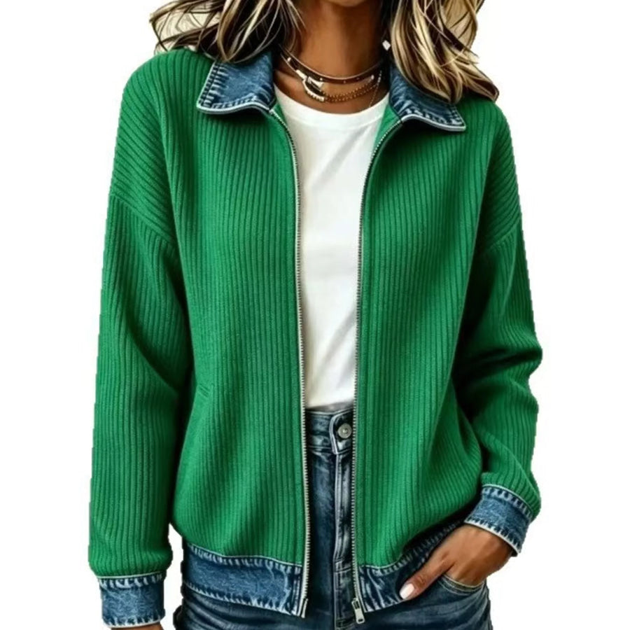 Full Size Denim-Collar Ribbed Knit Zip-Up Jacket Plus Green / S Apparel and Accessories