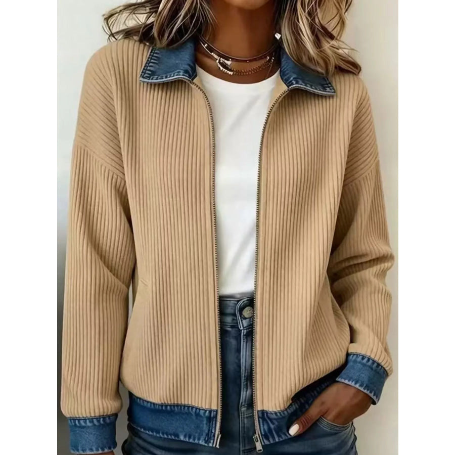 Full Size Denim-Collar Ribbed Knit Zip-Up Jacket Plus Khaki / S Apparel and Accessories