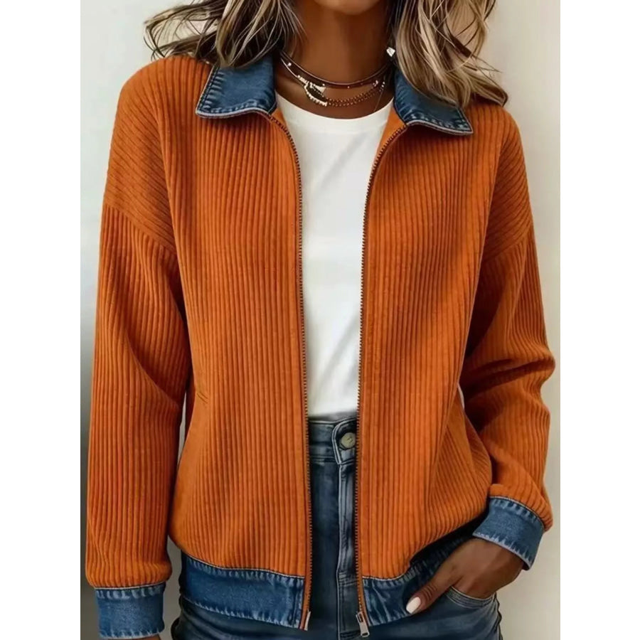 Full Size Denim-Collar Ribbed Knit Zip-Up Jacket Plus Orange Red / S Apparel and Accessories