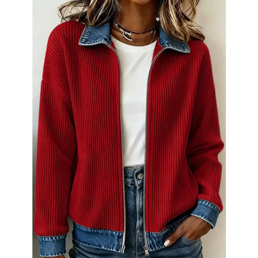 Full Size Denim-Collar Ribbed Knit Zip-Up Jacket Plus Red / S Apparel and Accessories