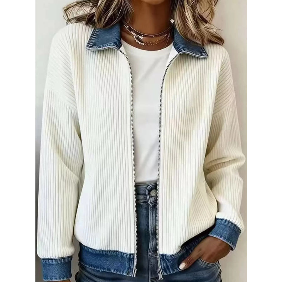 Full Size Denim-Collar Ribbed Knit Zip-Up Jacket Plus White / S Apparel and Accessories