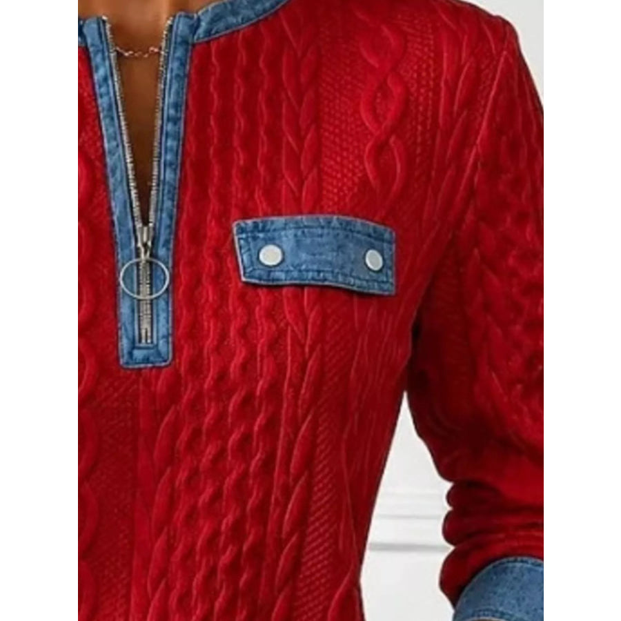 Full Size Denim Contrast Trim Quarter Zip Texture Sweatshirt Plus Size Apparel and Accessories