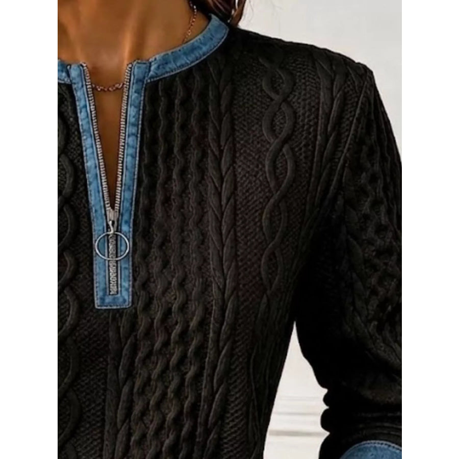 Full Size Denim Contrast Trim Quarter Zip Texture Sweatshirt Plus Size Apparel and Accessories