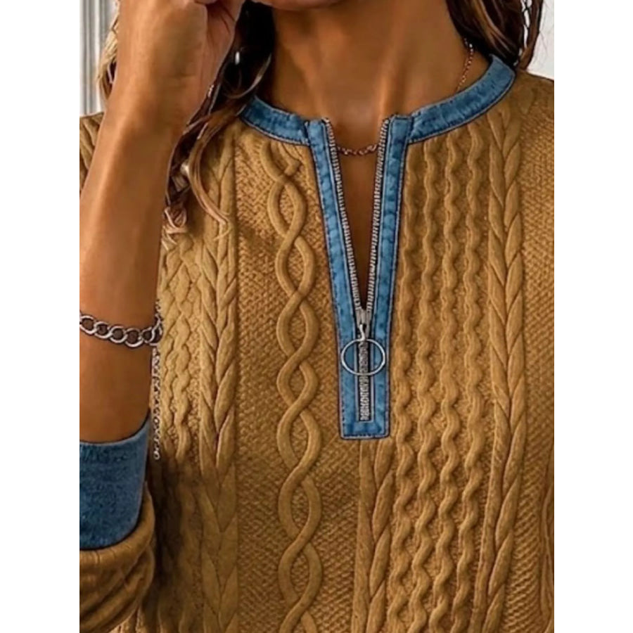 Full Size Denim Contrast Trim Quarter Zip Texture Sweatshirt Plus Size Apparel and Accessories