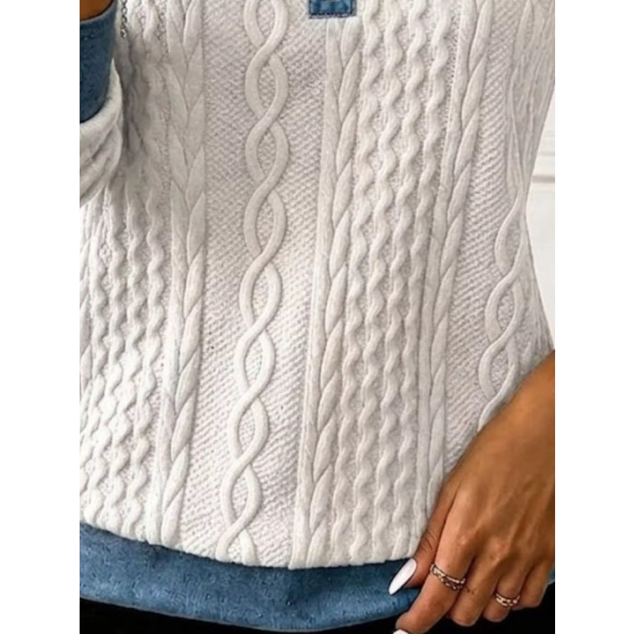 Full Size Denim Contrast Trim Quarter Zip Texture Sweatshirt Plus Size Apparel and Accessories