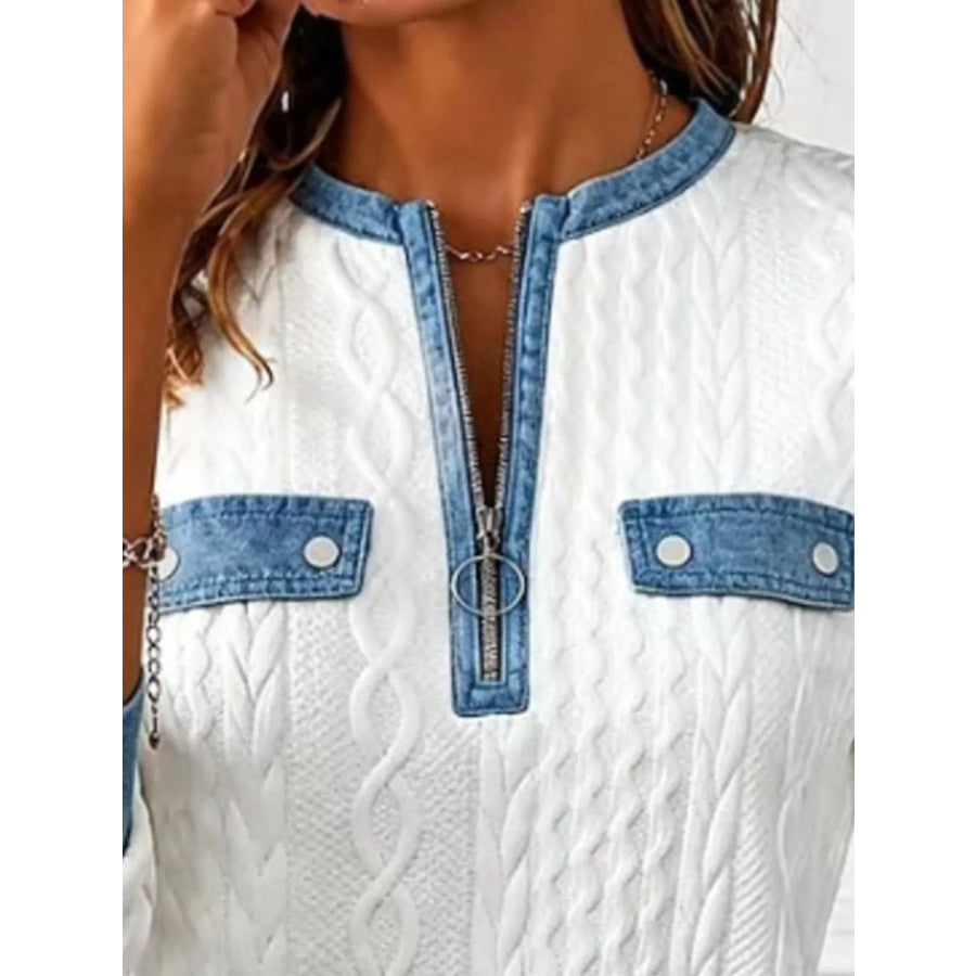 Full Size Denim Contrast Trim Quarter Zip Texture Sweatshirt Plus Size Apparel and Accessories