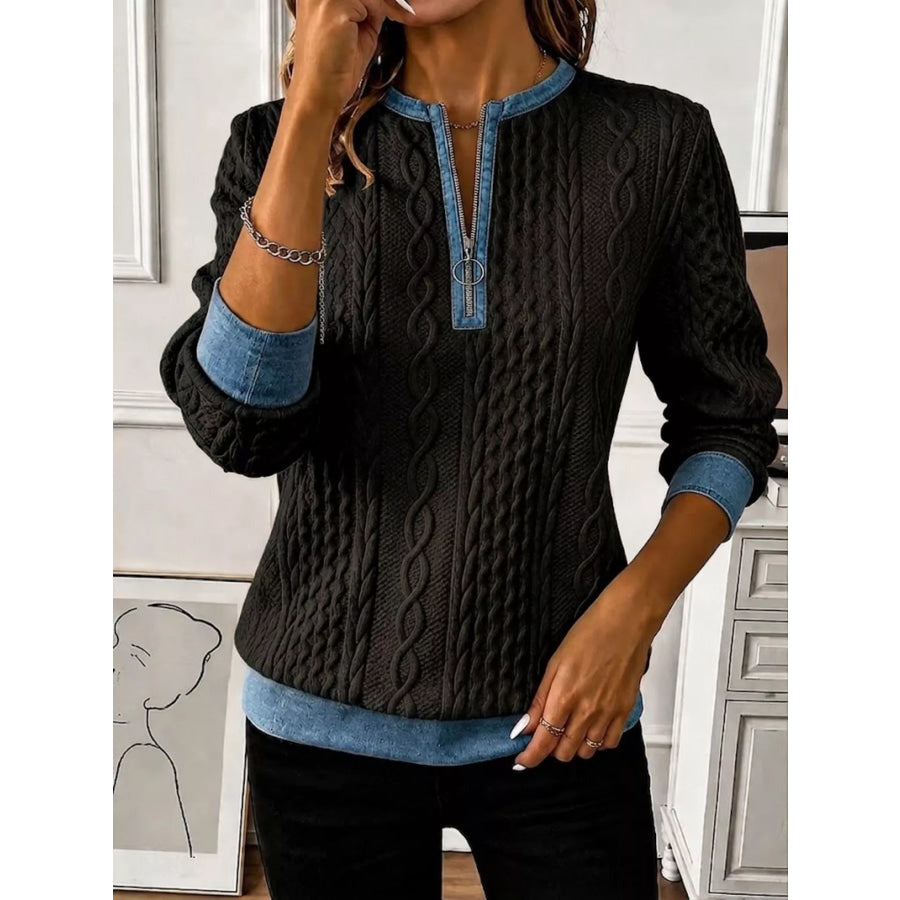 Full Size Denim Contrast Trim Quarter Zip Texture Sweatshirt Plus Size Black / S Apparel and Accessories