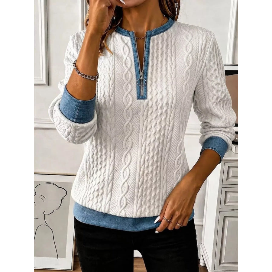Full Size Denim Contrast Trim Quarter Zip Texture Sweatshirt Plus Size Light Gray / S Apparel and Accessories