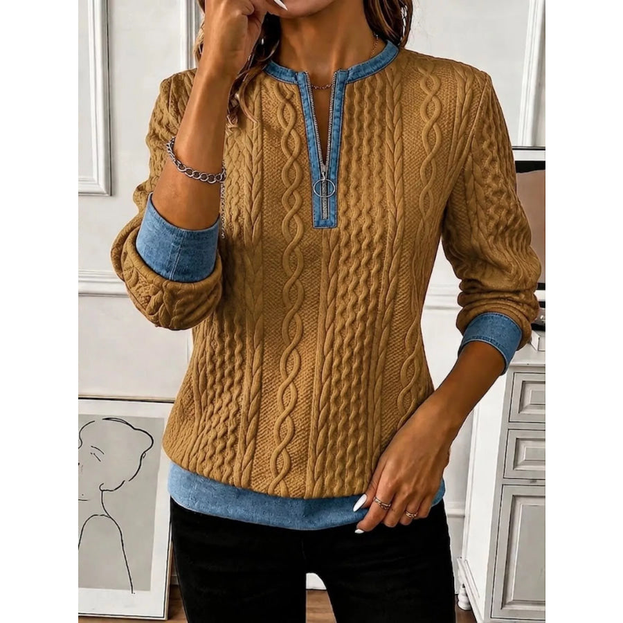 Full Size Denim Contrast Trim Quarter Zip Texture Sweatshirt Plus Size Mustard / S Apparel and Accessories