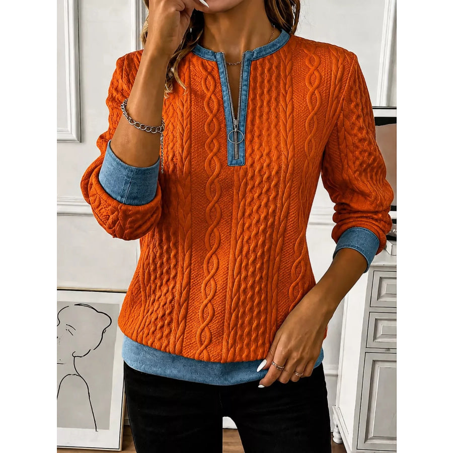 Full Size Denim Contrast Trim Quarter Zip Texture Sweatshirt Plus Size Orange / S Apparel and Accessories