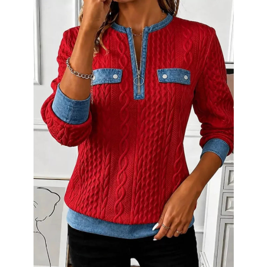 Full Size Denim Contrast Trim Quarter Zip Texture Sweatshirt Plus Size Scarlet / S Apparel and Accessories