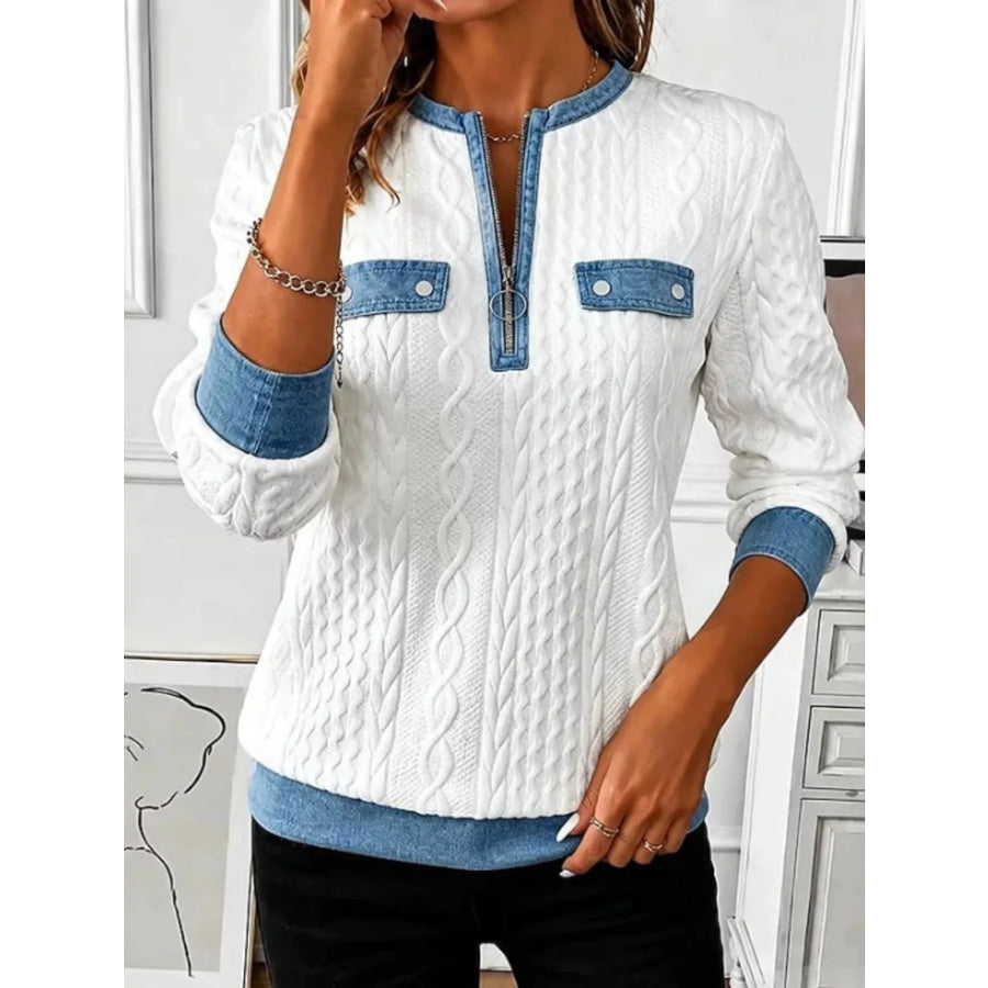 Full Size Denim Contrast Trim Quarter Zip Texture Sweatshirt Plus Size White / S Apparel and Accessories