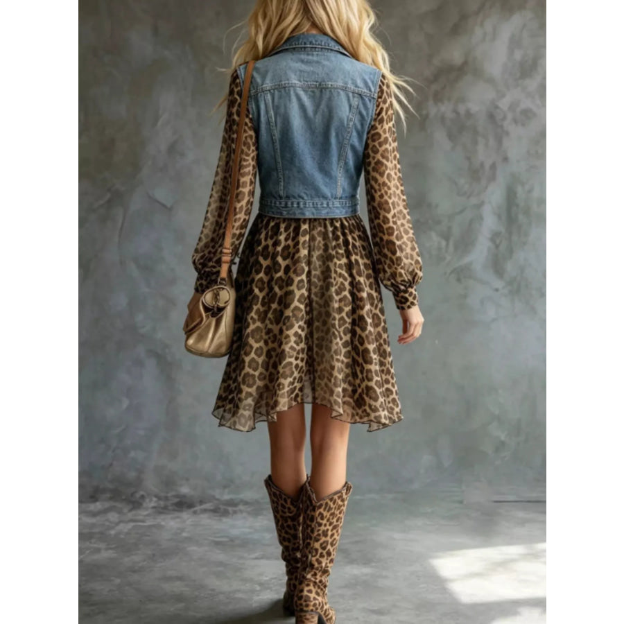 Full Size Denim Leopard Patchwork Mini Dress Plus Apparel and Accessories
