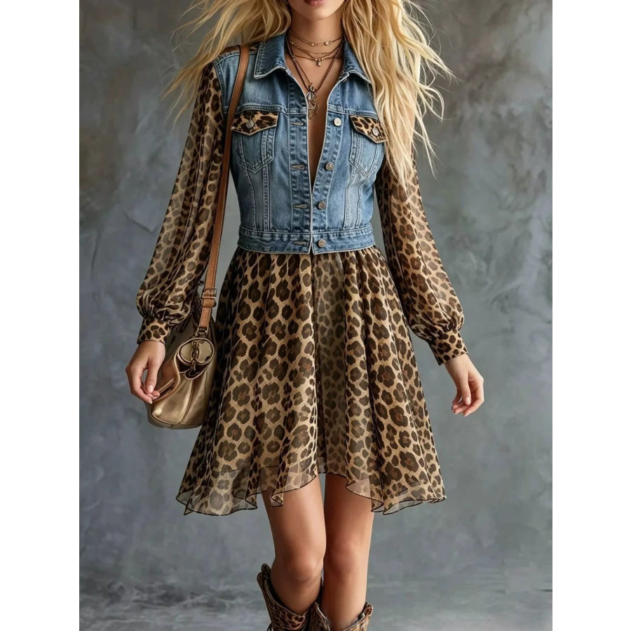 Full Size Denim Leopard Patchwork Mini Dress Plus Dusty Blue / S Apparel and Accessories