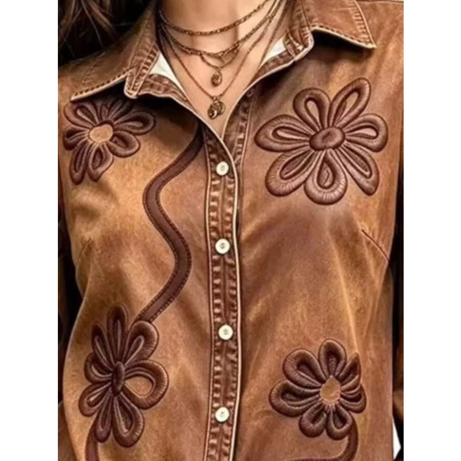 Full Size Denim Lock Floral Embroidered Shirt Plus Apparel and Accessories