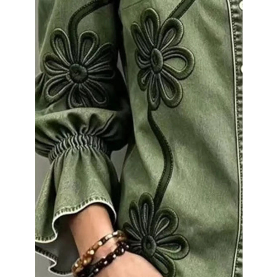 Full Size Denim Lock Floral Embroidered Shirt Plus Apparel and Accessories