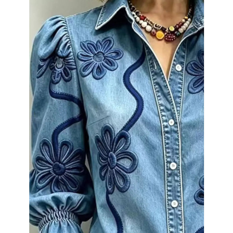Full Size Denim Lock Floral Embroidered Shirt Plus Apparel and Accessories