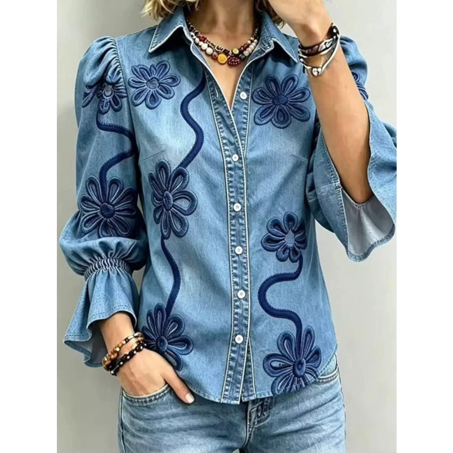 Full Size Denim Lock Floral Embroidered Shirt Plus Dusty Blue / S Apparel and Accessories