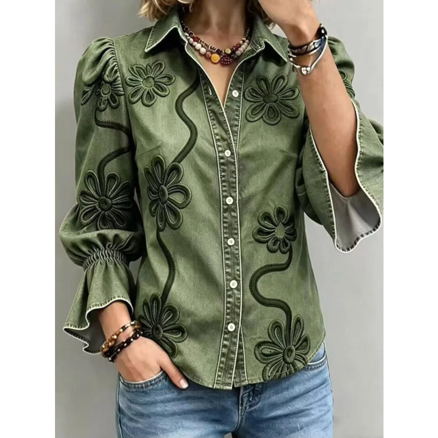 Full Size Denim Lock Floral Embroidered Shirt Plus Moss / S Apparel and Accessories