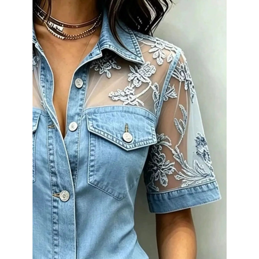 Full Size Denim Look Lace Short Sleeve Shirt Plus Apparel and Accessories