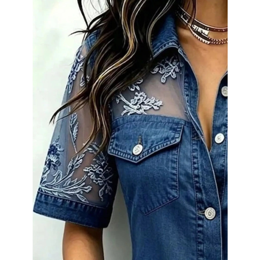 Full Size Denim Look Lace Short Sleeve Shirt Plus Apparel and Accessories